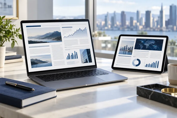 Financial research newsletter displayed on a laptop and tablet