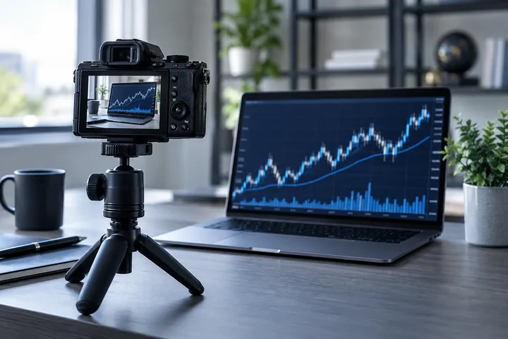 Video camera filming a financial market presentation