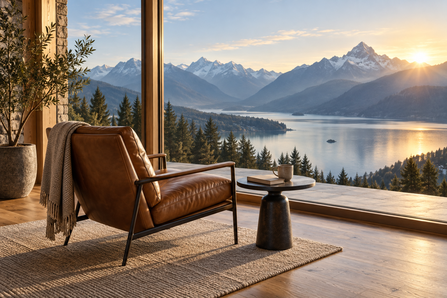 A quiet mountain-view room with a lounge chair overlooking an alpine lake.